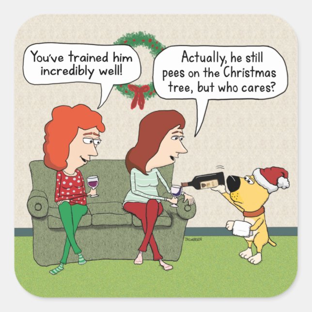 Cute and Funny Dog Serving Wine on Christmas Square Sticker (Front)