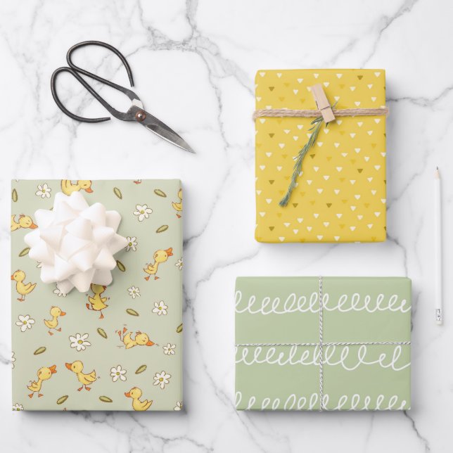 Cute and funny Ducklings on light green Wrapping Paper Sheet (Front)