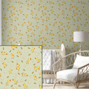 Cute And Funny Ducklings On Sage Green Wallpaper