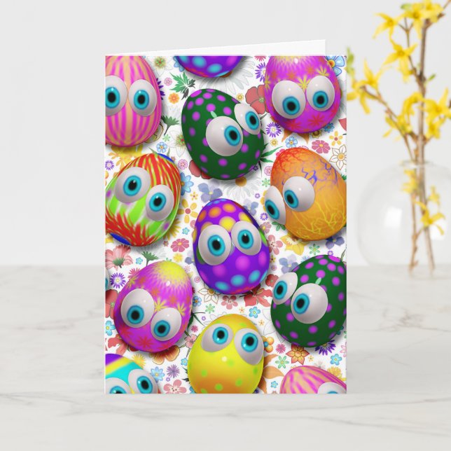 Cute and Funny Easter Eggs Cartoon Card (Yellow Flower)
