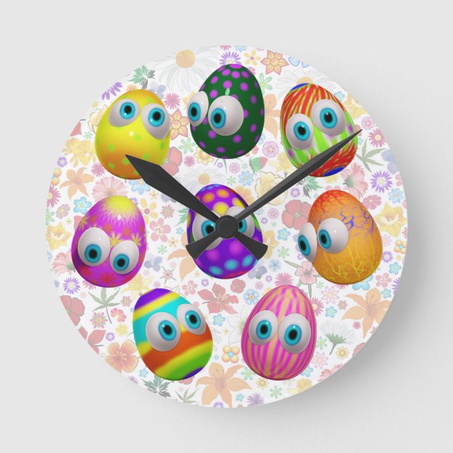 Cute and Funny Easter Eggs Cartoon Round Clock (Front)