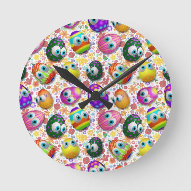 Cute and Funny Easter Eggs Cartoon Round Clock (Front)