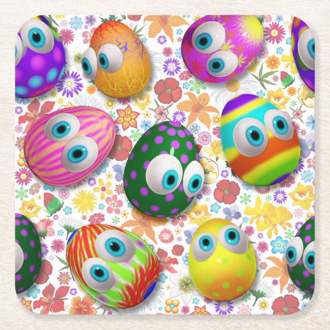 Cute and Funny Easter Eggs Cartoon Square Paper Coaster (Front)