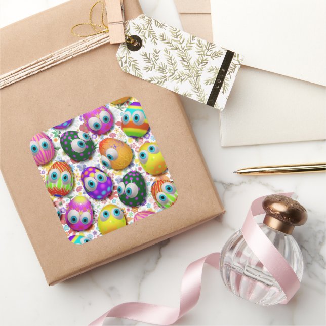 Cute and Funny Easter Eggs Cartoon Square Sticker (Gifting)
