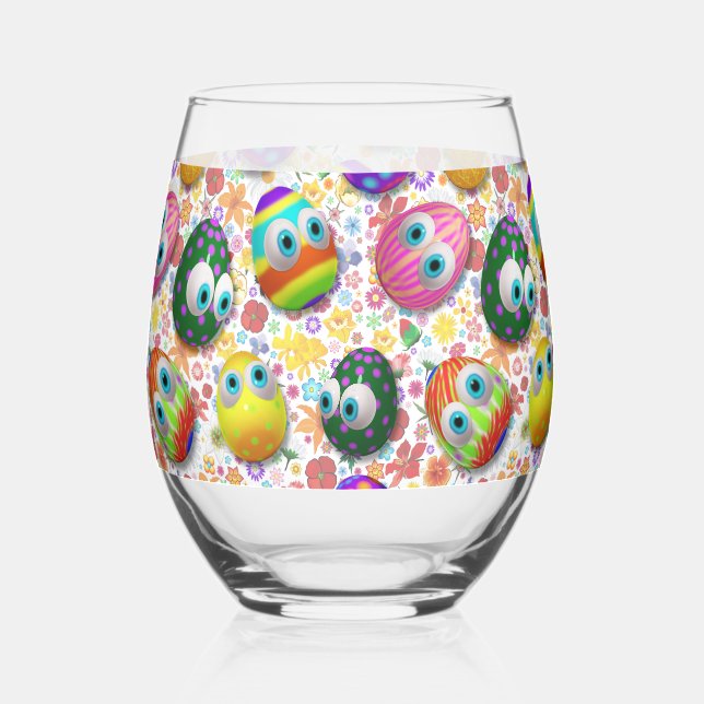 Cute and Funny Easter Eggs Cartoon Stemless Wine Glass (Front)