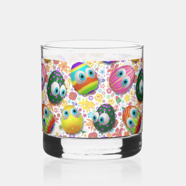 Cute and Funny Easter Eggs Cartoon Whiskey Glass (Front)