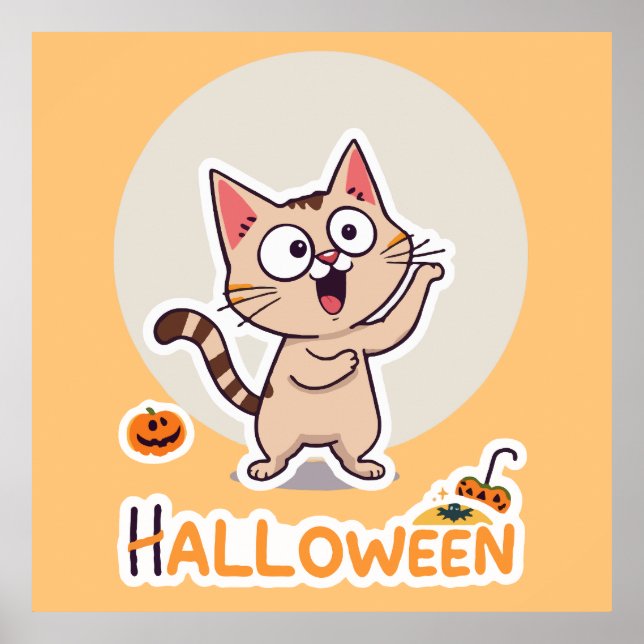 Cute and Funny Halloween Cat with Pumpkins Poster (Front)