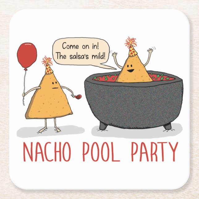 Cute and Funny Nacho Pool Party in Salsa Square Paper Coaster (Front)