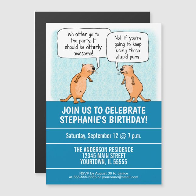 Cute and Funny Otter Puns Birthday Party Magnetic Invitation (Front/Back)