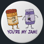 Cute and Funny Peanut Butter You’re My Jam 6 Cm Round Badge<br><div class="desc">This adorable and funny design features a jar of peanut butter who’s making it clear who its jam is! Spread the love!

Thanks for choosing this original design by © Chuck Ingwersen. I post cartoons every day on Instagram: https://www.instagram.com/captainscratchy</div>