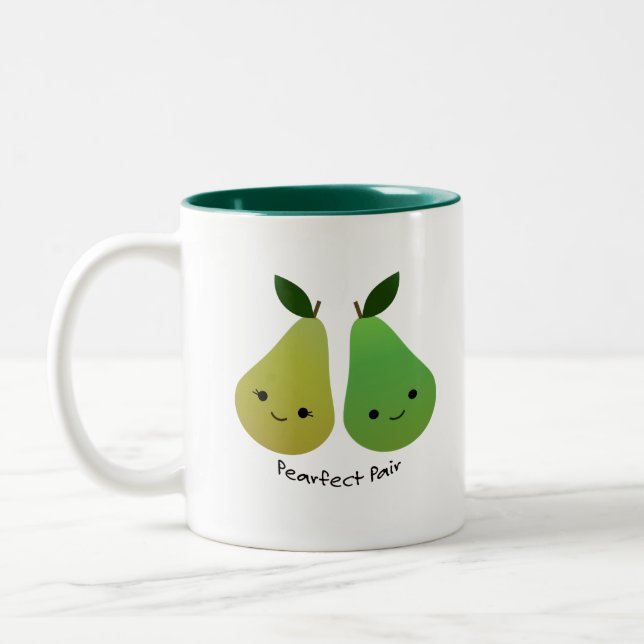 Cute and Funny Pearfect Pair Pears Two-Tone Coffee Mug (Left)