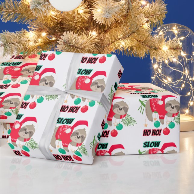 Cute and Funny Santa's Sloth Slow Ho Ho Wrapping Paper (Holidays)