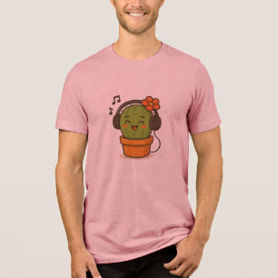 Cute and Funny Singing Cactus with Headphones Tri-Blend Shirt