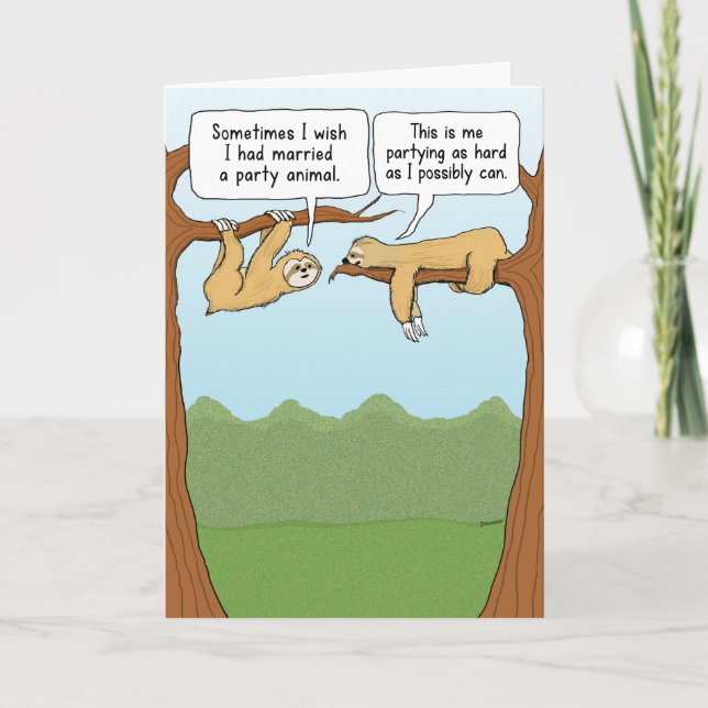 Cute and Funny Sloth Party Animals Anniversary Card (Front)