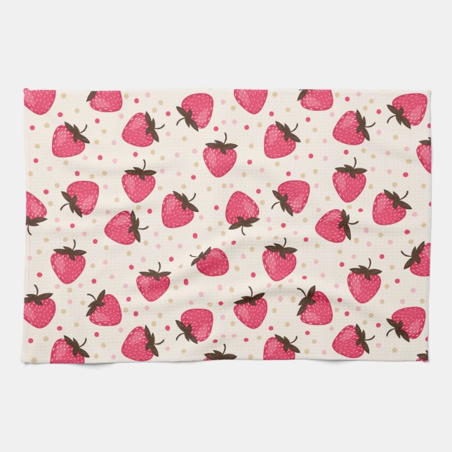 Cute and Girly Pink Strawberries Pattern Tea Towel (Horizontal)