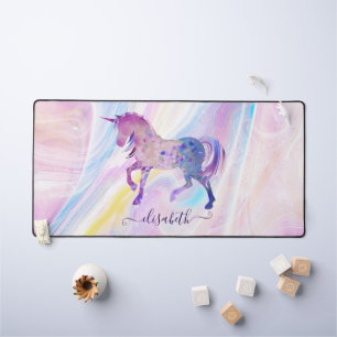 Cute And Girly Purple And Pink Unicorn Custom Name Desk Mat