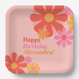 Cute and Groovy Retro Flowers Happy Birthday Pink Paper Plate