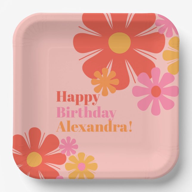 Cute and Groovy Retro Flowers Happy Birthday Pink Paper Plate (Front)