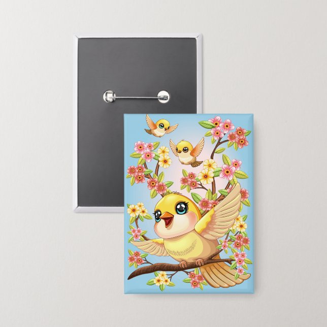 Cute and Happy Birds among Spring Flowers (Front/Back)
