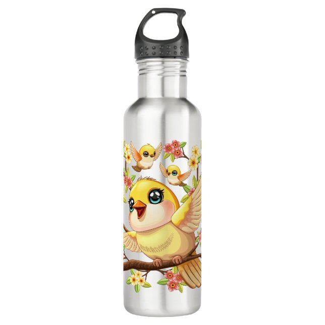 Cute and Happy Birds among Spring Flowers 710 Ml Water Bottle (Front)