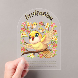 Cute and Happy Birds among Spring Flowers Acrylic Invitations