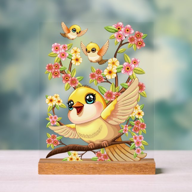 Cute and Happy Birds among Spring Flowers Acrylic Sign (Neutral)