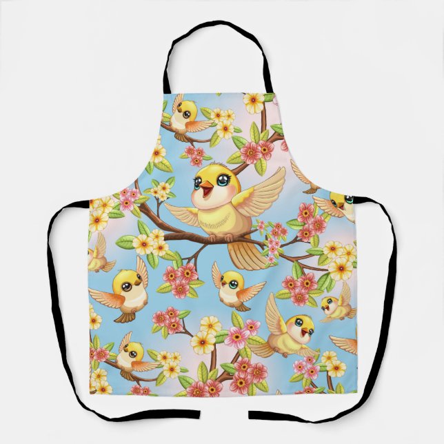 Cute and Happy Birds among Spring Flowers Apron (Front)