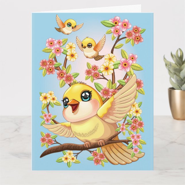 Cute and Happy Birds among Spring Flowers Card (Small Plant)