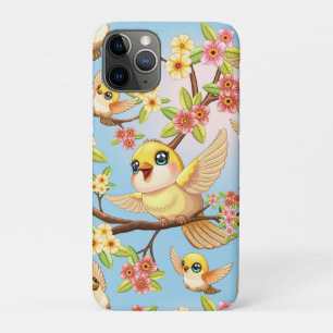 Cute and Happy Birds among Spring Flowers iPhone 11 Pro Case