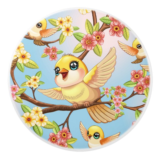 Cute and Happy Birds among Spring Flowers Ceramic Knob (Front)