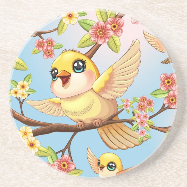 Cute and Happy Birds among Spring Flowers Coaster (Front)