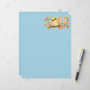 Cute and Happy Birds among Spring Flowers Custom Letterhead
