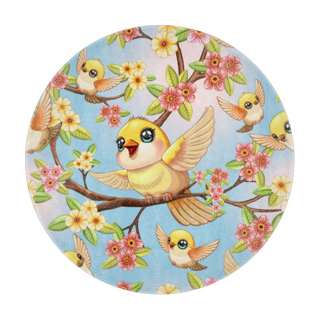 Cute and Happy Birds among Spring Flowers Cutting Board (Front)
