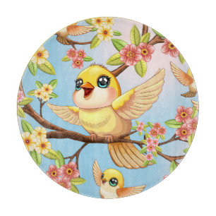 Cute and Happy Birds among Spring Flowers Cutting Board