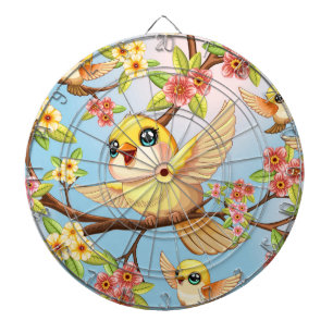 Cute and Happy Birds among Spring Flowers Dartboard