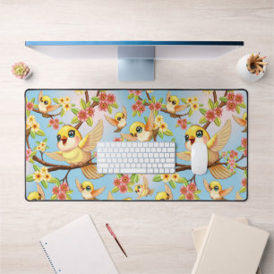 Cute and Happy Birds among Spring Flowers Desk Mat