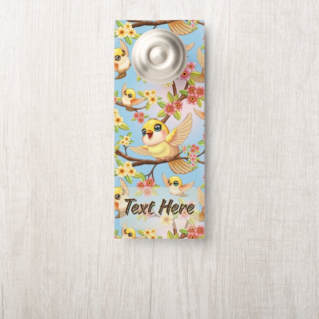 Cute and Happy Birds among Spring Flowers Door Hanger (On Knob)
