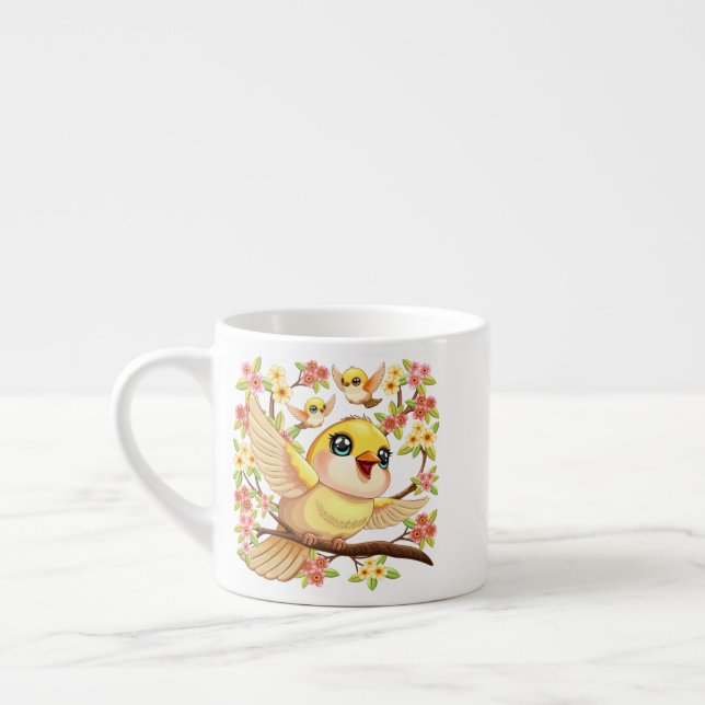 Cute and Happy Birds among Spring Flowers Espresso Cup (Left)