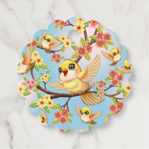 Cute and Happy Birds among Spring Flowers Favour Tags