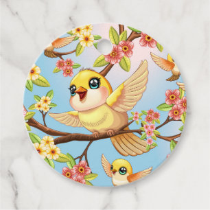 Cute and Happy Birds among Spring Flowers Favour Tags