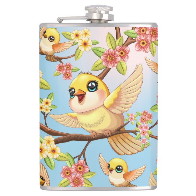 Cute and Happy Birds among Spring Flowers Hip Flask (Front)