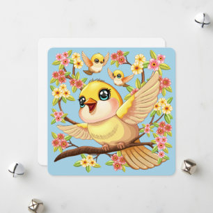 Cute and Happy Birds among Spring Flowers Holiday Card