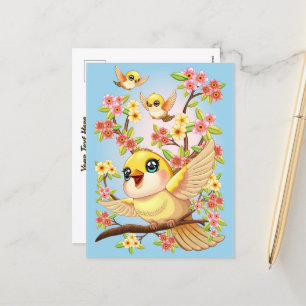 Cute and Happy Birds among Spring Flowers Holiday Postcard