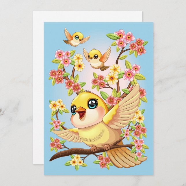 Cute and Happy Birds among Spring Flowers Invitation (Front/Back)
