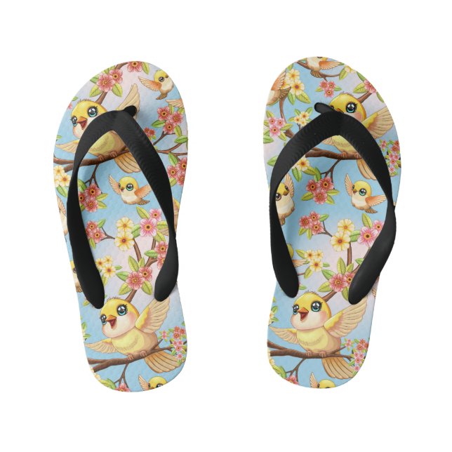 Cute and Happy Birds among Spring Flowers Kid's Thongs (Footbed)