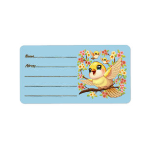 Cute and Happy Birds among Spring Flowers Label