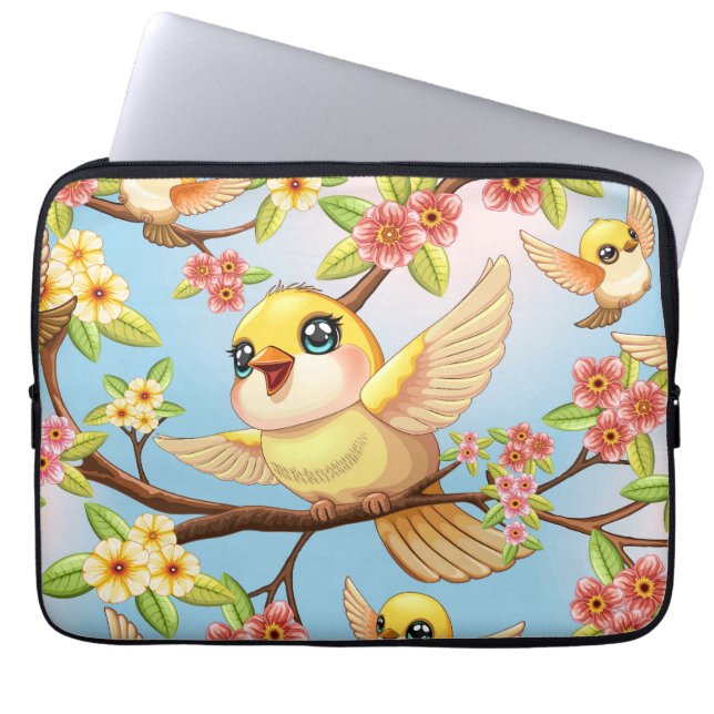 Cute and Happy Birds among Spring Flowers Laptop Sleeve (Front)
