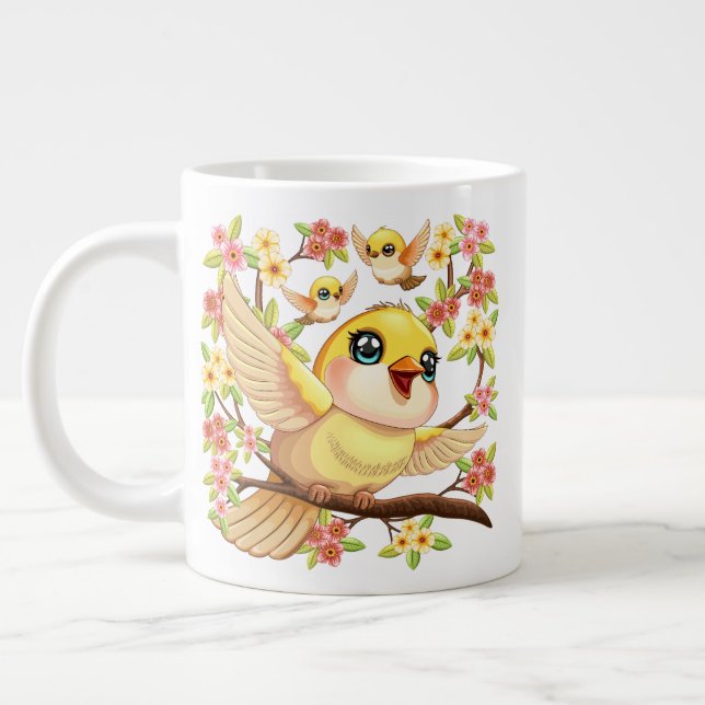 Cute and Happy Birds among Spring Flowers Large Coffee Mug (Left)