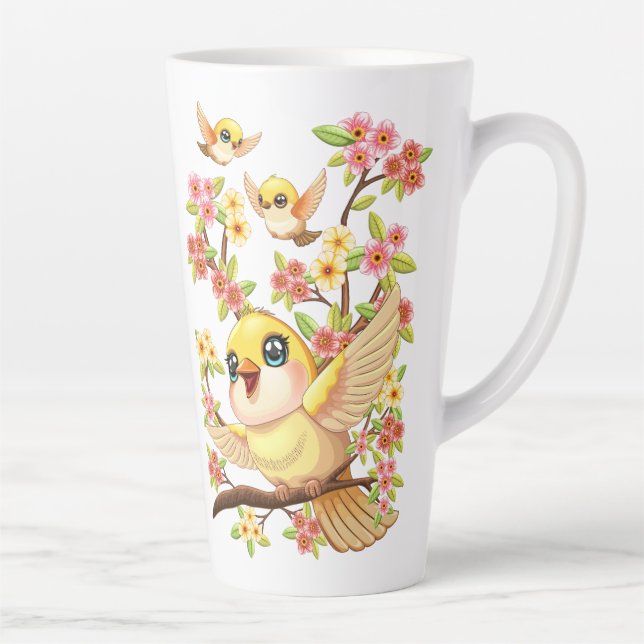 Cute and Happy Birds among Spring Flowers Latte Mug (Right)