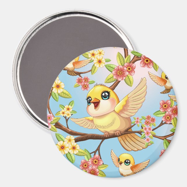 Cute and Happy Birds among Spring Flowers Magnet (Front/Back)